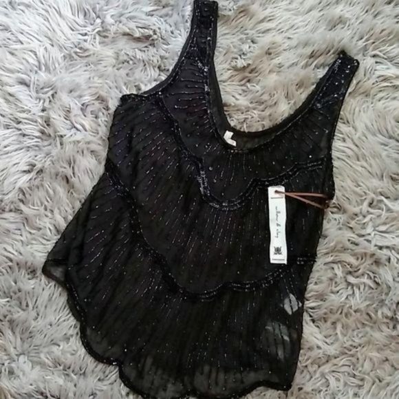 Willow and Clay Tops - Willow and Clay Black Tank Scalloped Beaded Top